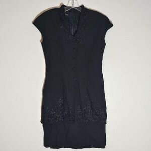 Marianna Dress Womens 8 Black Beaded V Neck Button Front Sheath Cocktail Lined